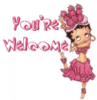 betty boop is wearing a pink dress and a pink hat and says you 're welcome