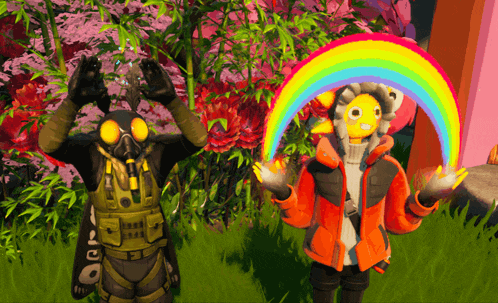 a cartoon character holding a rainbow next to a cartoon character with a yellow face