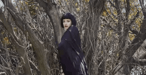 a woman in a black and white checkered dress is standing in a forest .