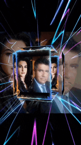 a man in a suit and tie is surrounded by a woman in a cube