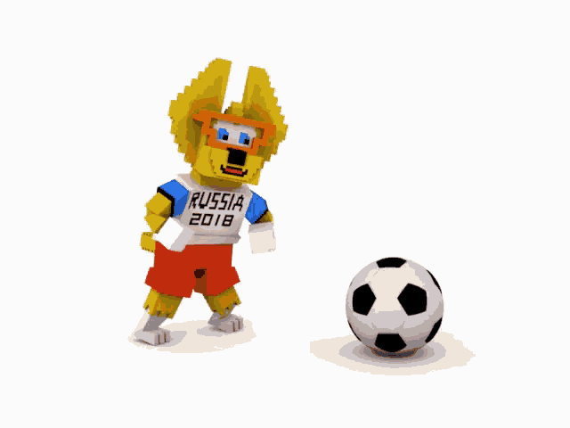 a russia 2018 mascot kicks a soccer ball on a white background