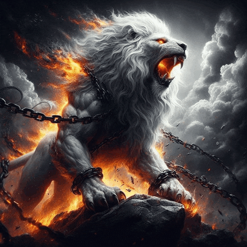 a white lion is chained to a rock with flames around it