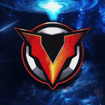 a red and black emblem with the letter v in the middle