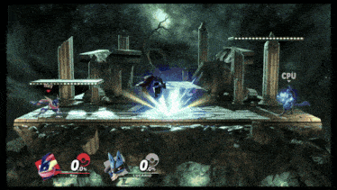 a screenshot of a video game with roy and lucario fighting