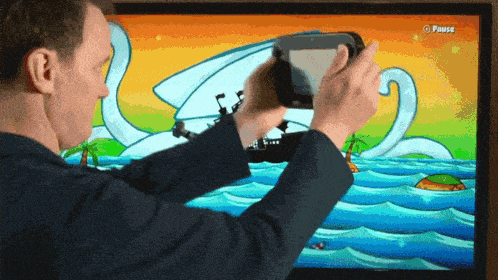 a man playing a video game with a pause button
