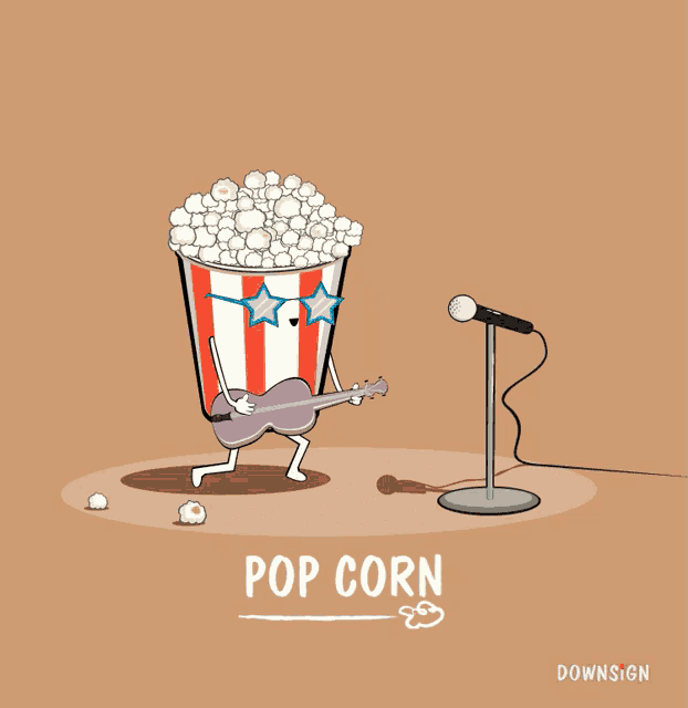 an illustration of a bucket of popcorn playing a guitar and singing into a microphone