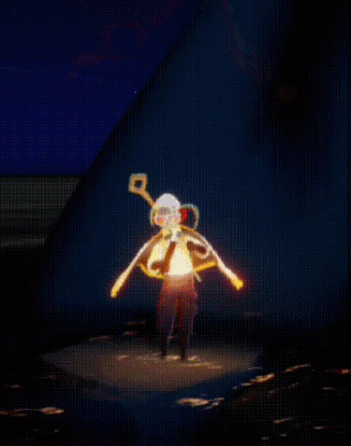 a cartoon character is surrounded by glowing red and yellow lights