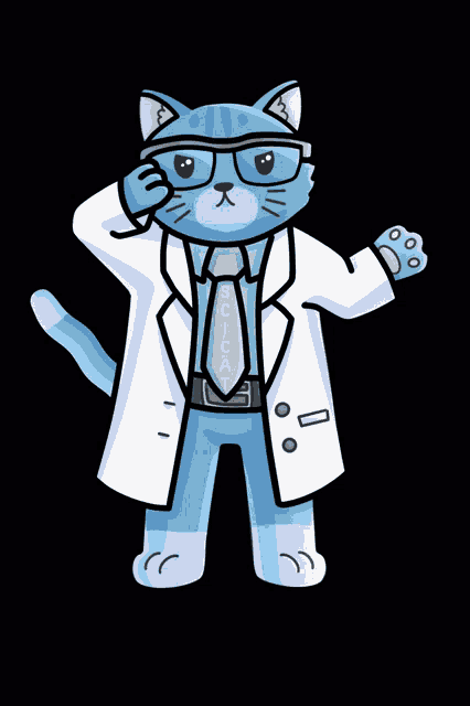 a cartoon cat wearing a lab coat and tie with the word sci-cat written on it