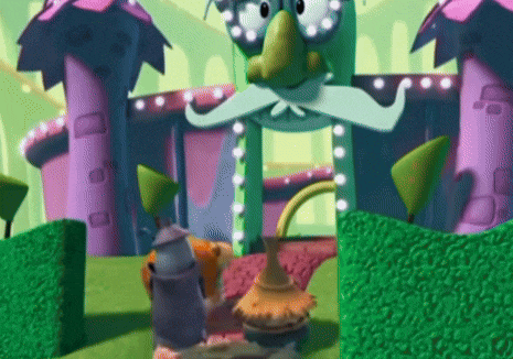 a cartoon character with a mustache is standing in front of a colorful building