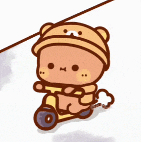 a teddy bear wearing a yellow hat is riding a scooter