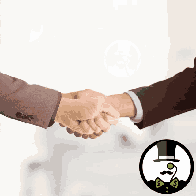 a man in a suit shakes hands with another man in a top hat and mustache