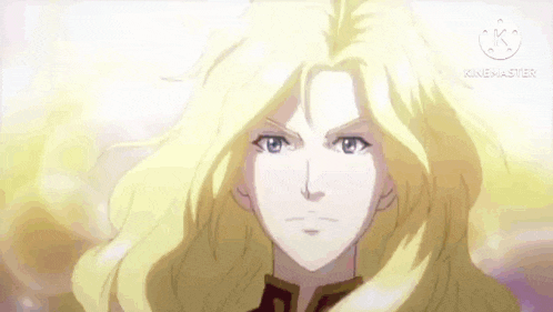 a close up of a cartoon character with blonde hair in a red and gold outfit .