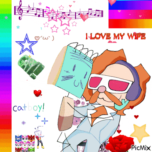 a cartoon of a man holding a book with the words " i love my wipe " in red