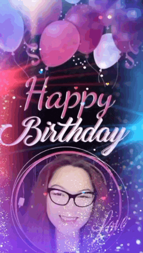 a woman wearing glasses and headphones is surrounded by balloons and says happy birthday .