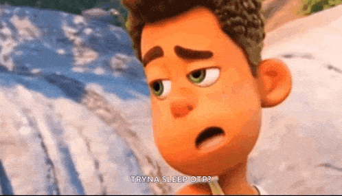 a cartoon boy is standing in front of a waterfall and talking to someone .