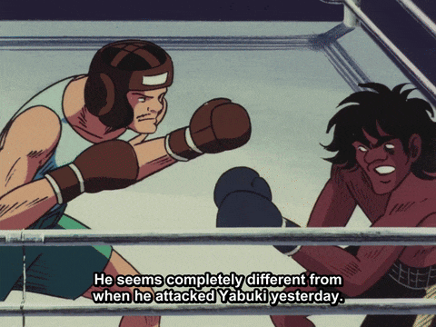 a boxing match with the words he seems completely different from when he attacked yabuki yesterday below it