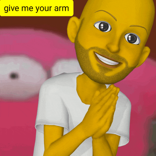 a yellow cartoon character with the words give me your arm on the top
