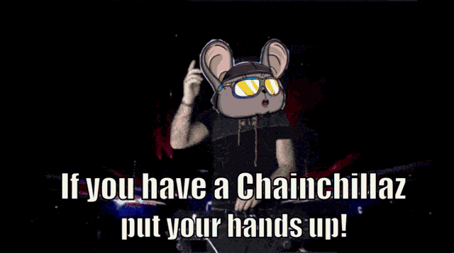 a cartoon of a mouse wearing sunglasses says if you have a chainchillaz put your hands up