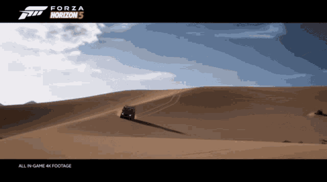 an ad for forza horizon 5 shows a car driving through a desert
