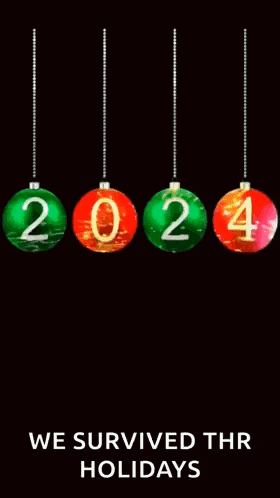 a happy new year greeting card with christmas balls hanging from a string