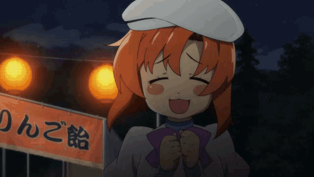 a girl with red hair stands in front of a sign that says ' りんご飴 '