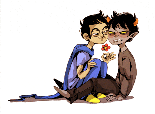 a drawing of a boy holding a flower and another boy holding a flower