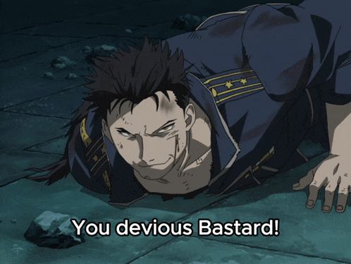 a man crawling on the ground with the words " you devious bastard " written below him