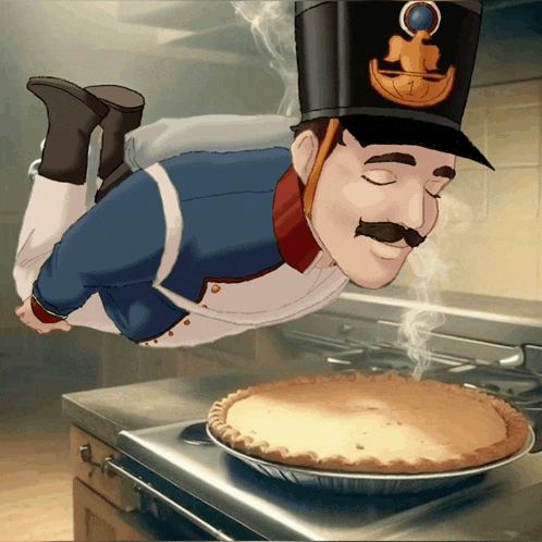 a cartoon of a man flying over a pie on a stove