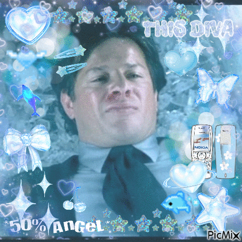 a man in a suit and tie is surrounded by blue hearts and a nokia cell phone