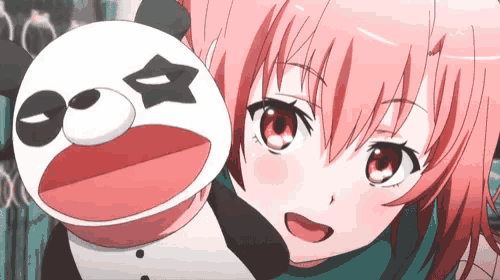 a girl with pink hair and red eyes is holding a stuffed panda bear