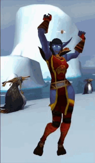 a video game character is dancing in front of penguins and an iceberg