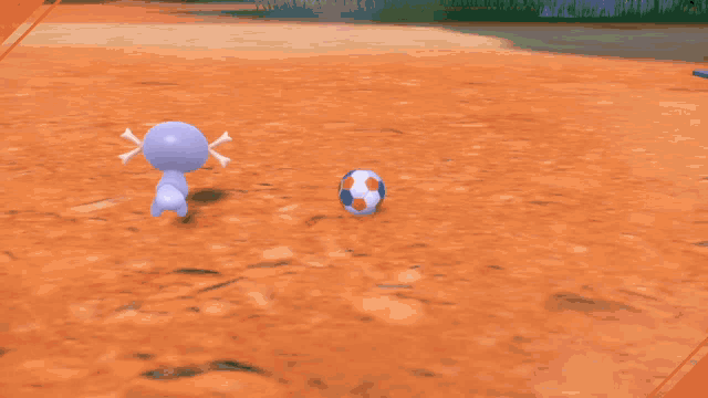 a cartoon character is playing with a soccer ball in the dirt