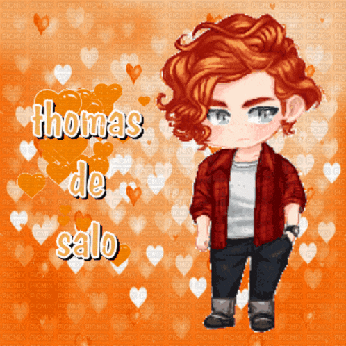 a pixel art drawing of thomas de salto with hearts in the background