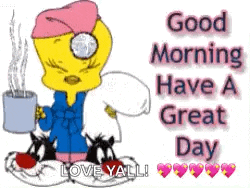 a cartoon character is holding a cup of coffee .