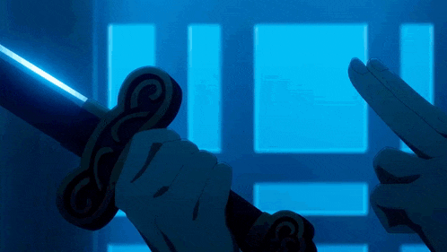 a person holding a sword in front of a window
