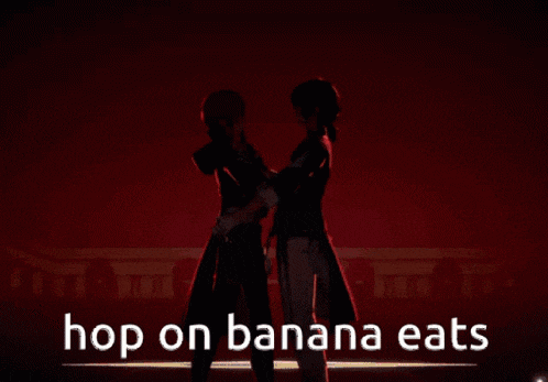 a couple of anime characters standing next to each other with the words hop on banana eats written on the bottom