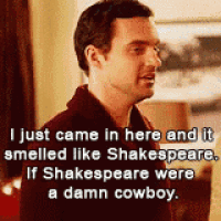 a man in a red shirt is talking about shakespeare and a damn cowboy .