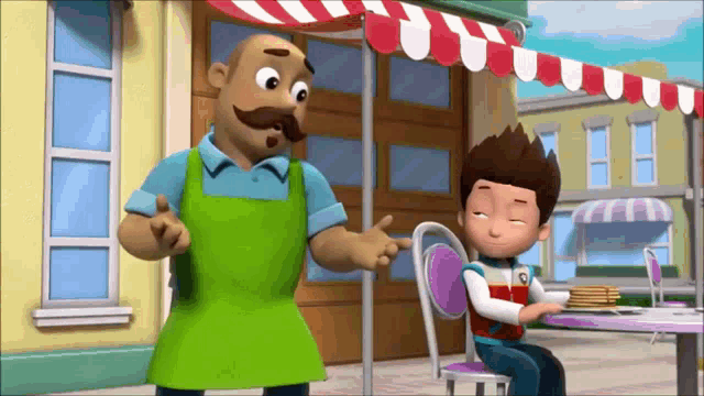 a man with a mustache is standing next to a boy sitting in a chair with his eyes closed