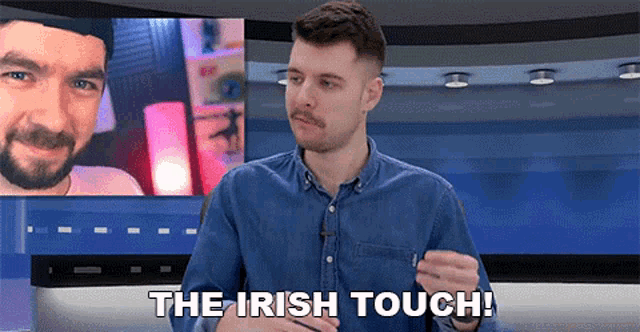 a man says the irish touch while standing in front of a screen