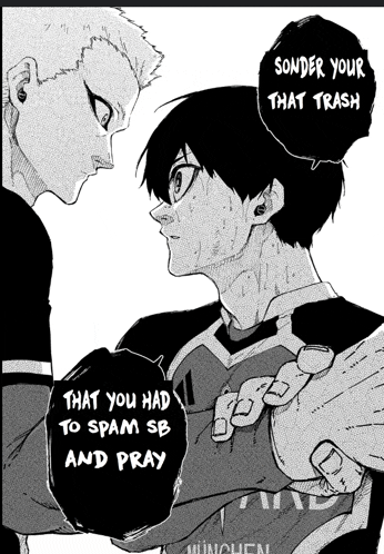 a black and white drawing of a man with a speech bubble that says sonder your that trash