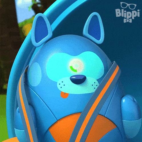a blue and orange cartoon character with the word blippi on it