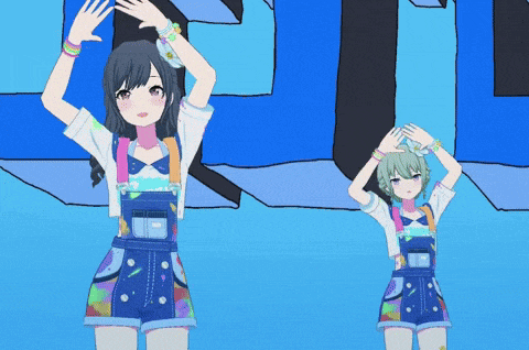 a couple of anime girls dancing in front of a blue background