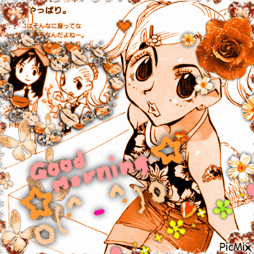 a picture of a girl with flowers and the words good morning on it