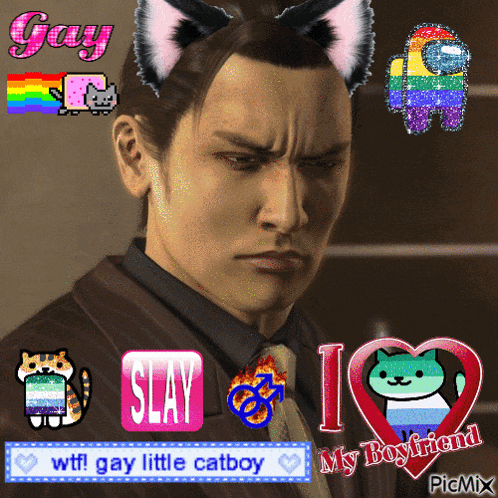 a picture of a man with cat ears and the words gay slay and i love my boyfriend on the bottom
