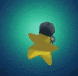 a yellow starfish is floating in the water with a microphone in its mouth .