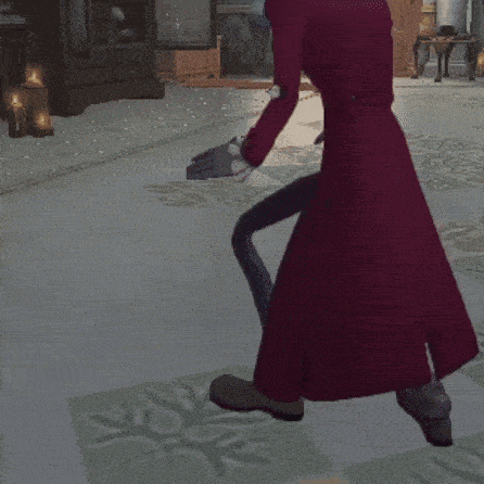 a person in a red coat is crawling on a tiled floor