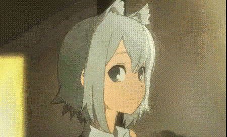 a girl with white hair and cat ears is looking at something .