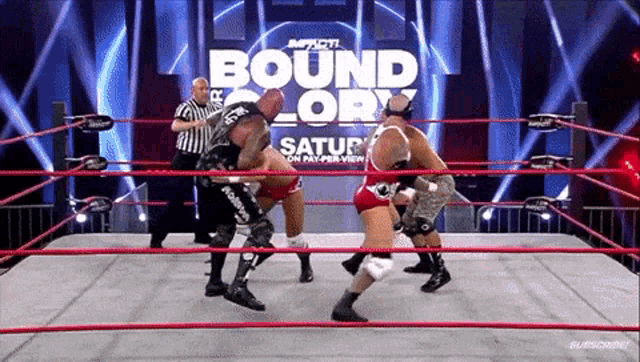 two wrestlers are fighting in a ring with the words saturday bound glory on the screen behind them