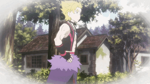 a cartoon character with yellow hair and purple pants is standing in front of a house