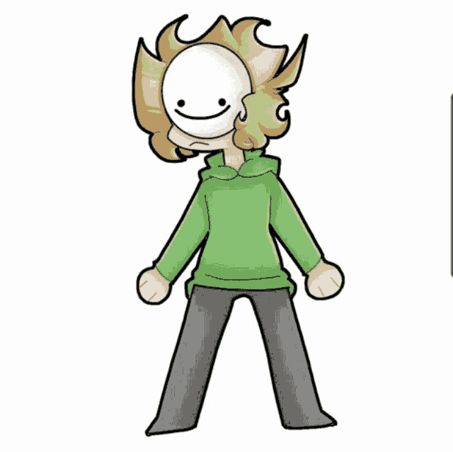 a cartoon drawing of a person wearing a green hoodie and a white mask on their face .